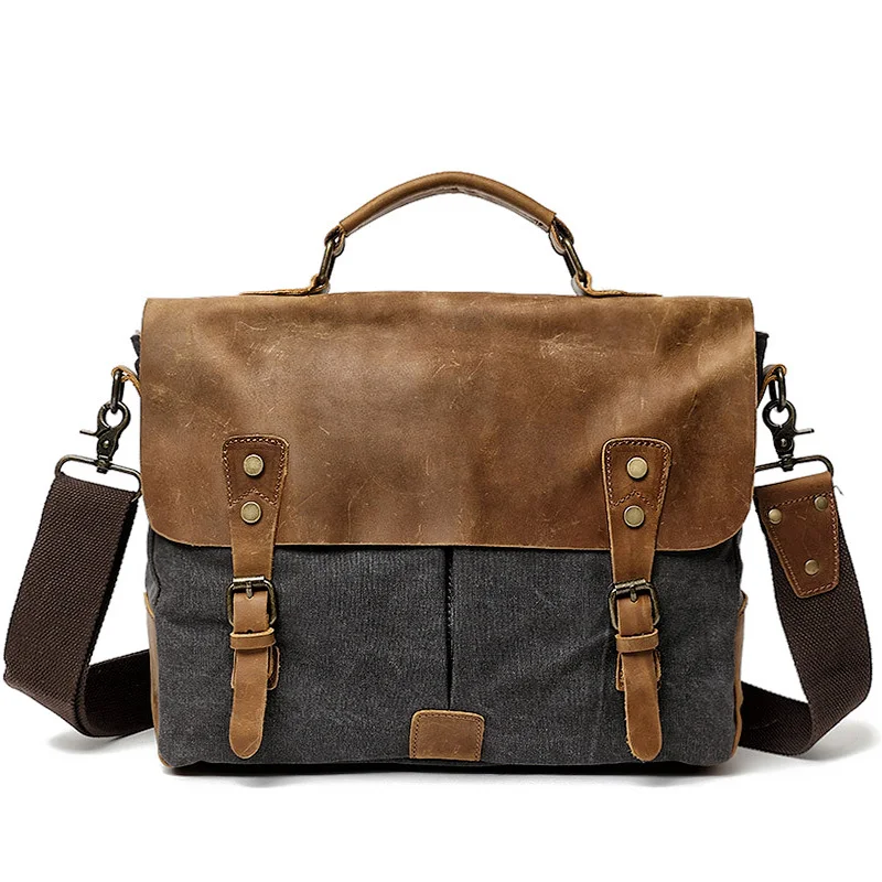 

MUCHUAN Men's Messenger Bags Canvas Shoulder Bag Handbag Crazy Horse Leather Briefcase Retro Office Bag Handmade Bags Male