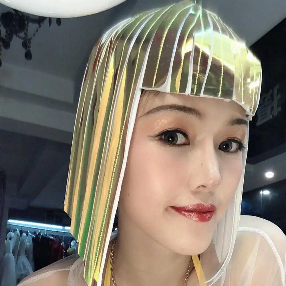 Silver Gold Mirror Wig Women Singer Performance Wig Headgear Ornament Future Space Female Soldier Cool Reflective Wig Show Wear