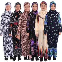 Kids Muslim Prayer Dress Children's Kaftan Girls Robe Hidjab Middle East Islamic Robe Abayas Printing Full Cover Praying Clothes