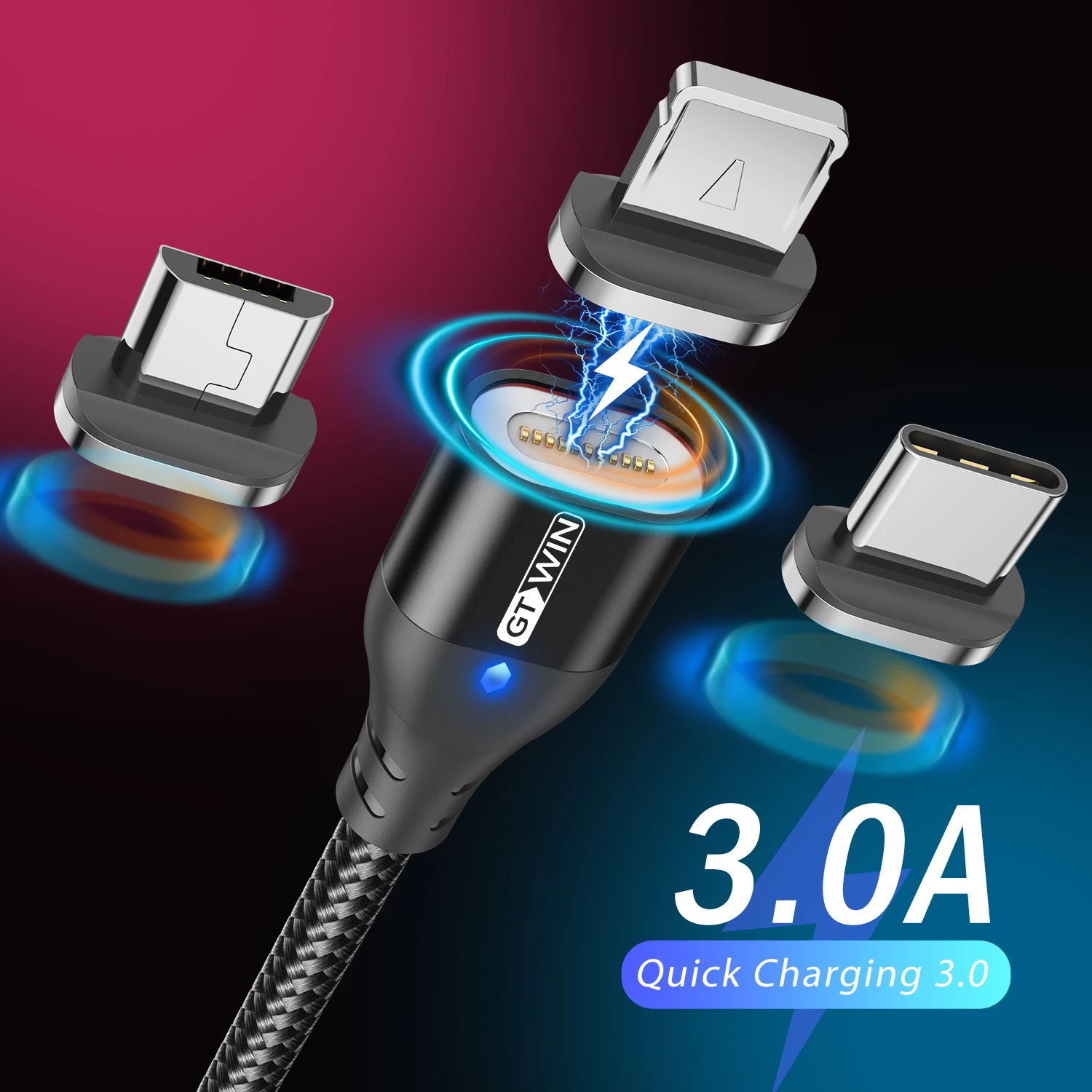 GTWIN Magnetic Charger Magnet Type C Cable 3A Fast Charging Micro USB Cable for IPhone Samsung Xiaomi Phone Magnet Charge Cable