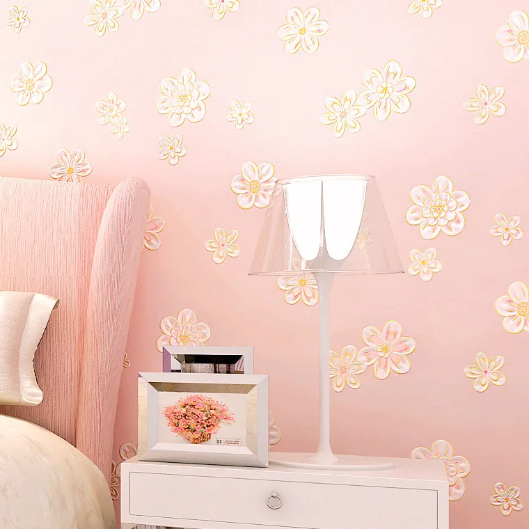 Thickened 3D warm rural wallpaper bedroom living room wedding room non woven wallpaper girl children's room pink flowers