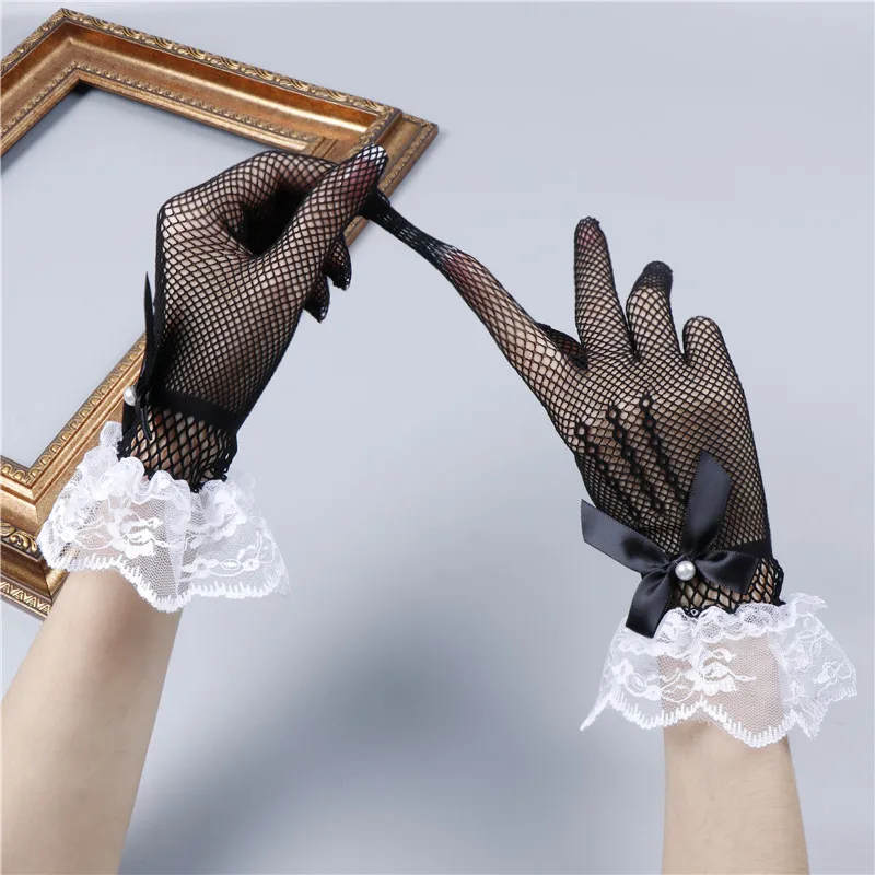 White or Black UV Protection Lace Gloves for Women Elegant Hollow-Out Delicate Jacquard Pattern Bridal Wedding Party Accessories