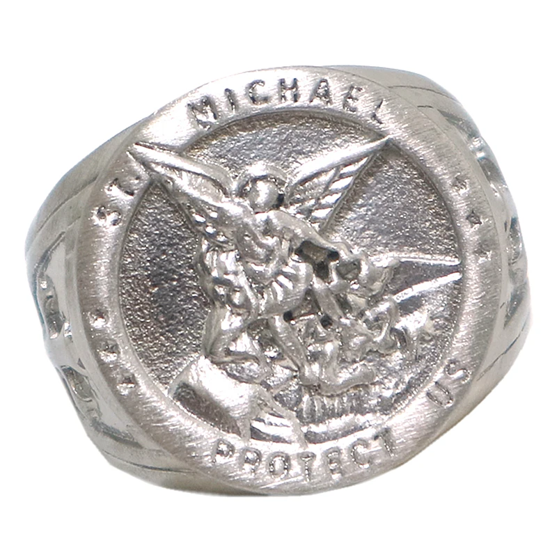 Unisex 316L Stainless Steel Frosting Archangel Cross SAINT MICHAEL PROTECT US Ring