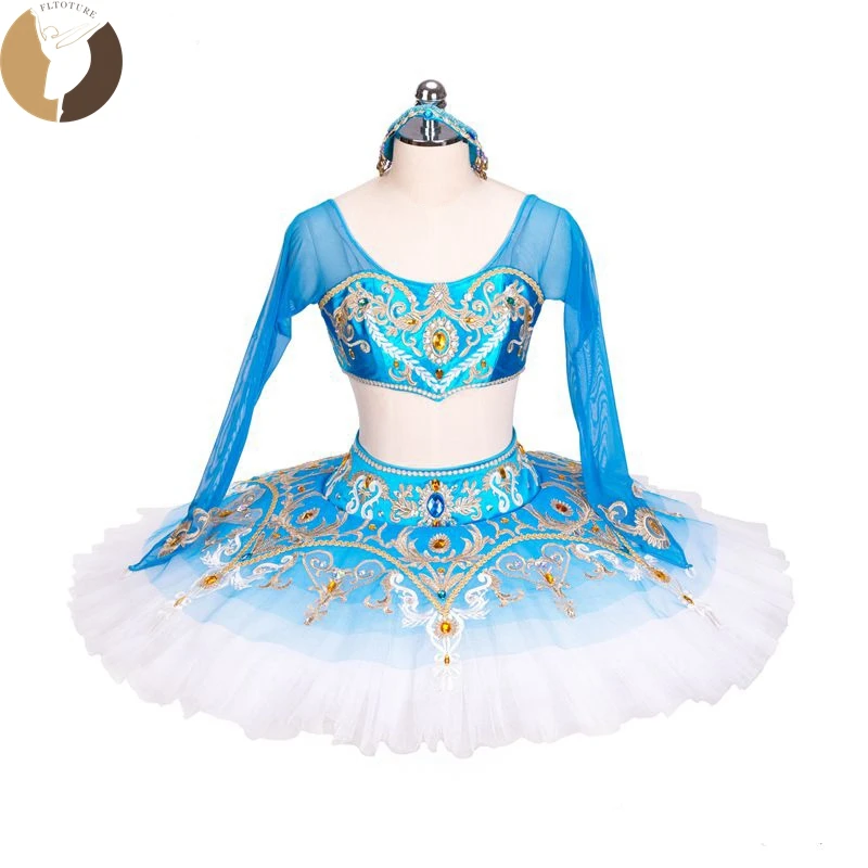 

FLTOTURE Professional Ballet Pancake Platter Tutus Two-Pieces Arab Style Ballet Competition Costumes Long Sleeve Tutu Skirts