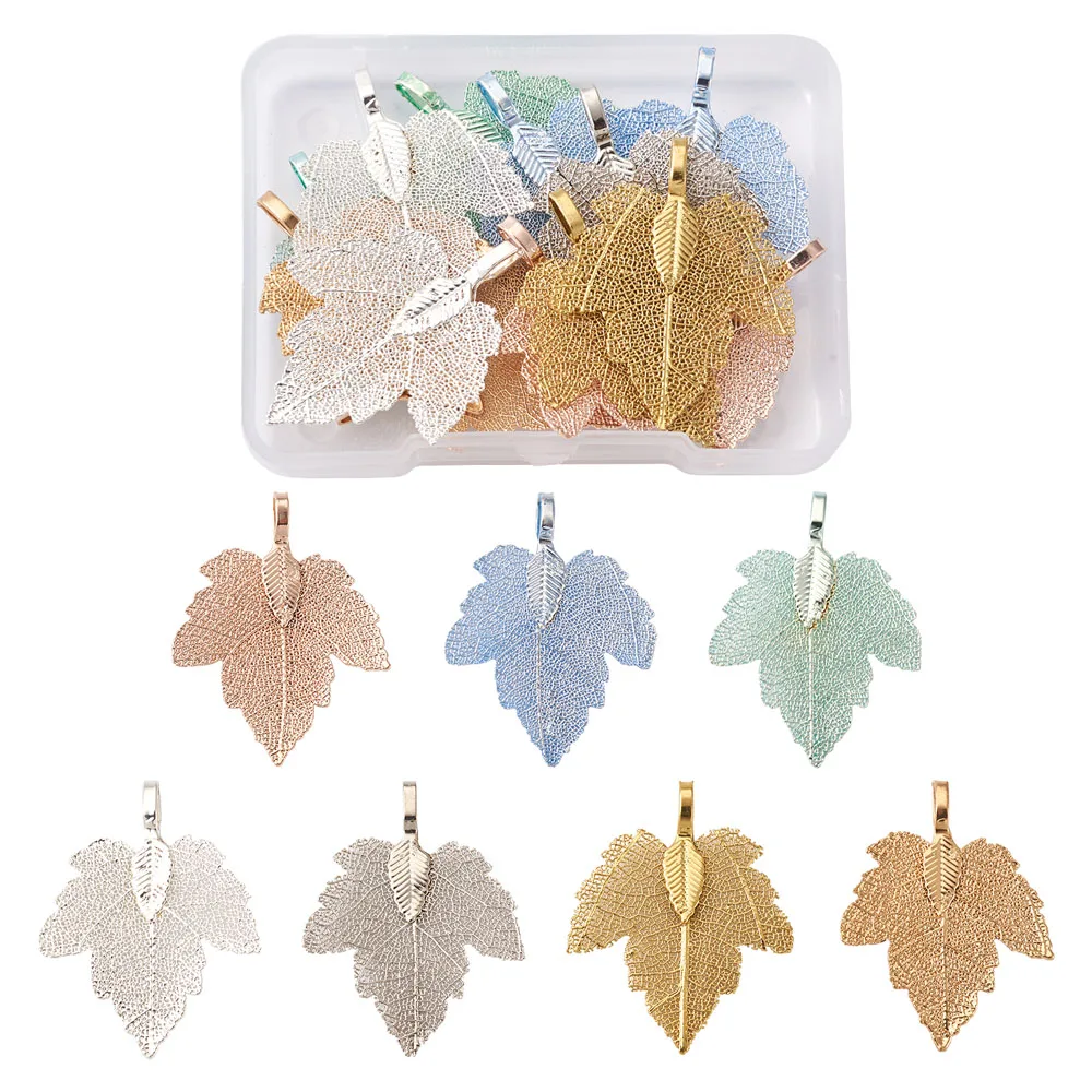 1Box Electroplated Natural Leaf Big Pendants Charms Mixed Color for DIY Handmade Jewelry Necklace Earrings Making Accessories