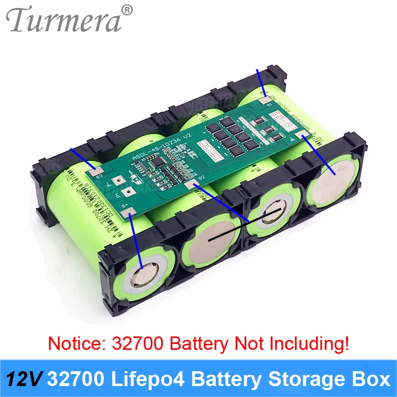 Turmera 12V 32700 Lifepo4 Battery Storage Box 4S 40A Balance BMS Nickel with Holder for Uninterrupted Power Supply and Motor Use