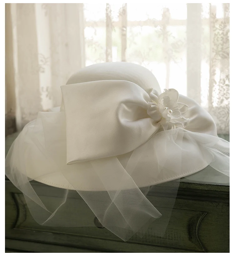 Sombreros de novia elegantes franceses hechos a mano, flores, sombrero para el sol, satén blanco para el pelo de mujer para boda