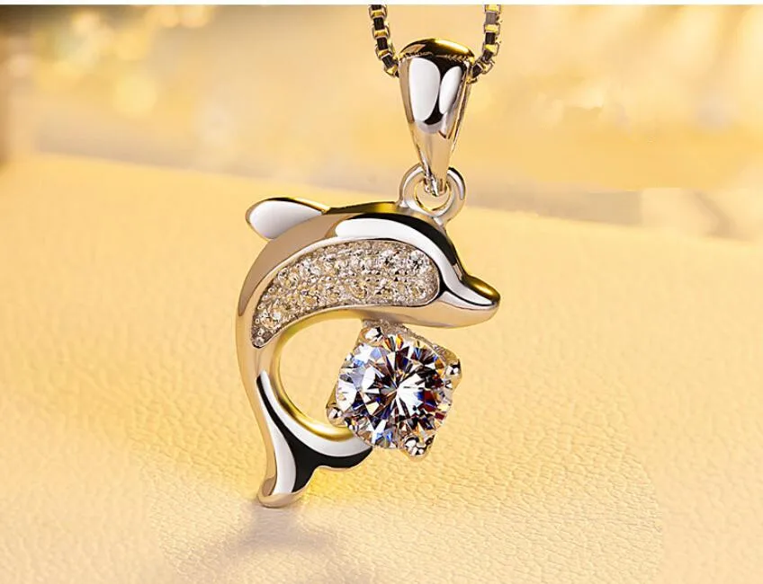 Real 925 Sterling Silver Jewelry Crystal Dolphin Charm Box Chain Pendants&Necklaces Choker Necklace For Women Wedding Party Gift