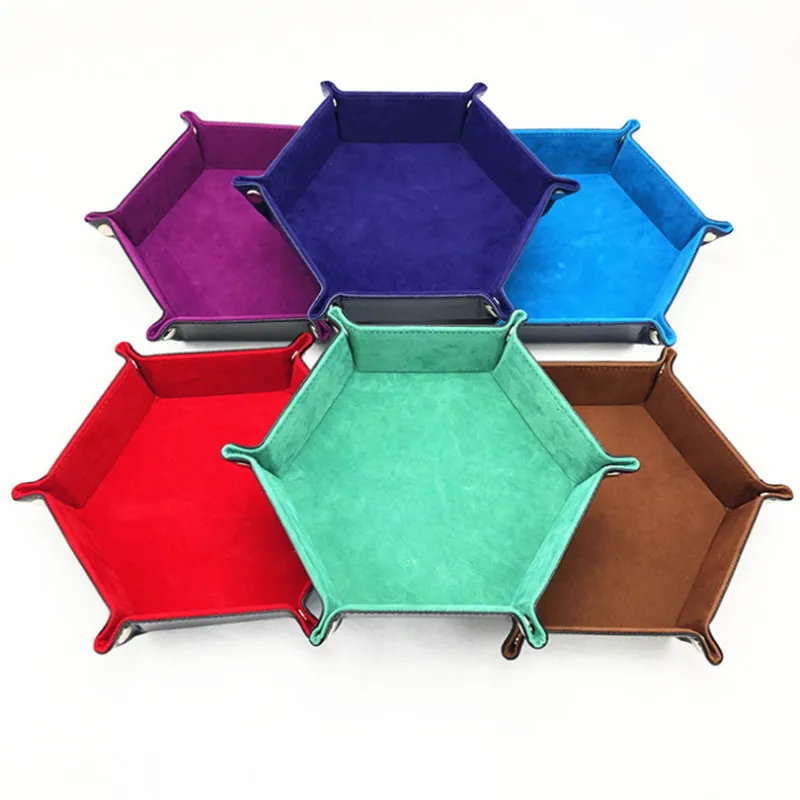 

6 Colors PU Leather Folding Hexagon Dice Tray Velvet Dices Box For RPG DnD Board Games Dice Storage Container Case