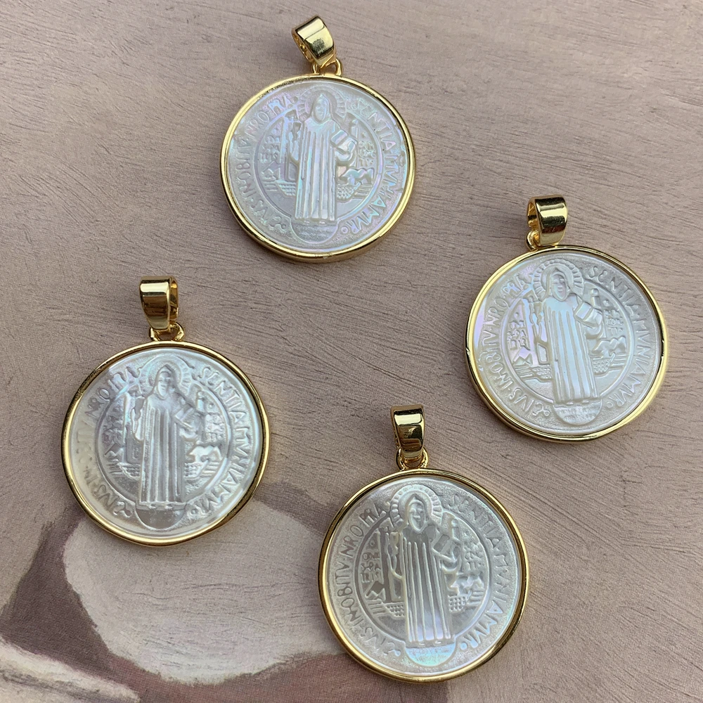 Catholicism Saint Benedict Pendants For Jewelry Making Round Mother of Pearl Shell Medal Necklace Charms
