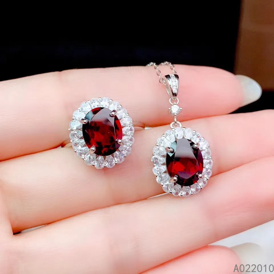 

KJJEAXCMY Fine Jewelry 925 sterling silver inlaid natural gemstone garnet female set noble Support detection