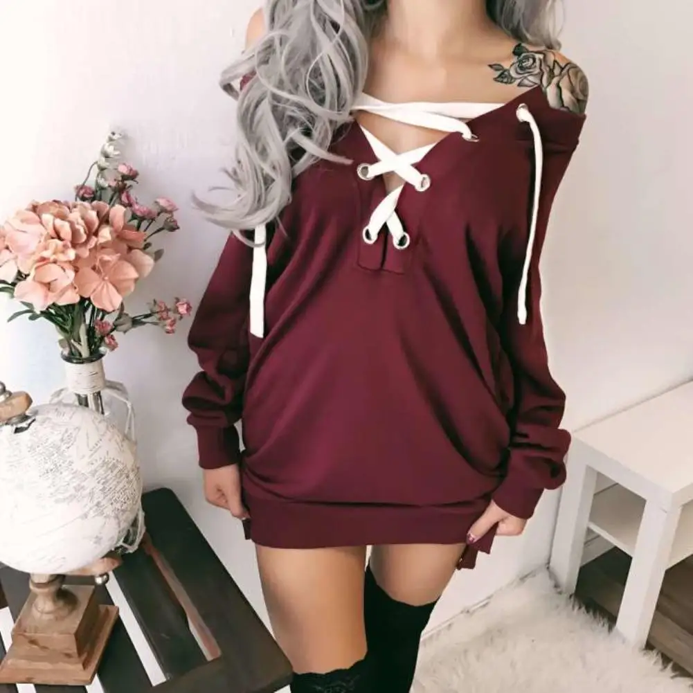 Women Sweatshirts Solid Color Long Sleeve Sexy Deep V Neck Tops Front Lacing Pullover Sweatshirt Chic Concise Shirt Dress