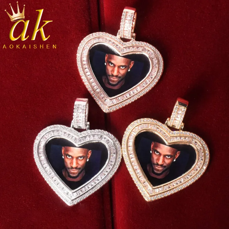 Aokaishen Custom Photo Necklace for Men Personalized Picture Pendant Heart Medallion Charms Hip Hop Jewelry Solid Back Iced Out