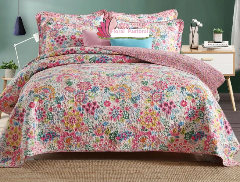 

PINK FLOWER American European Cotton Pastoral Embroidery quilted quilts bedcover 3pcs bed set king size bedspread coverlets set