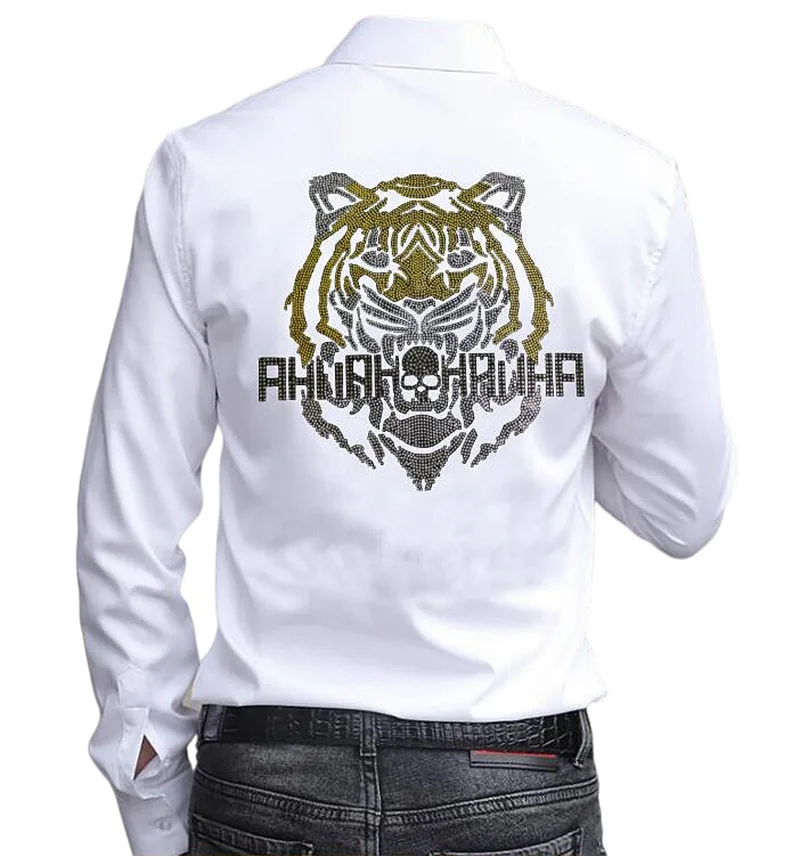 

Anime Man Fashion Silk Clothes Long Sleeve Shirt Male Casual Rhinestones Soft Dress Shirts