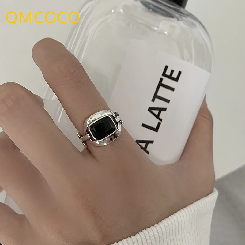 QMCOCO Silver Color Hip-Hop Rock Black Stone Rings For Women Couples Fashion Creative Hollow Out Geometric Party Jewelry Gifts