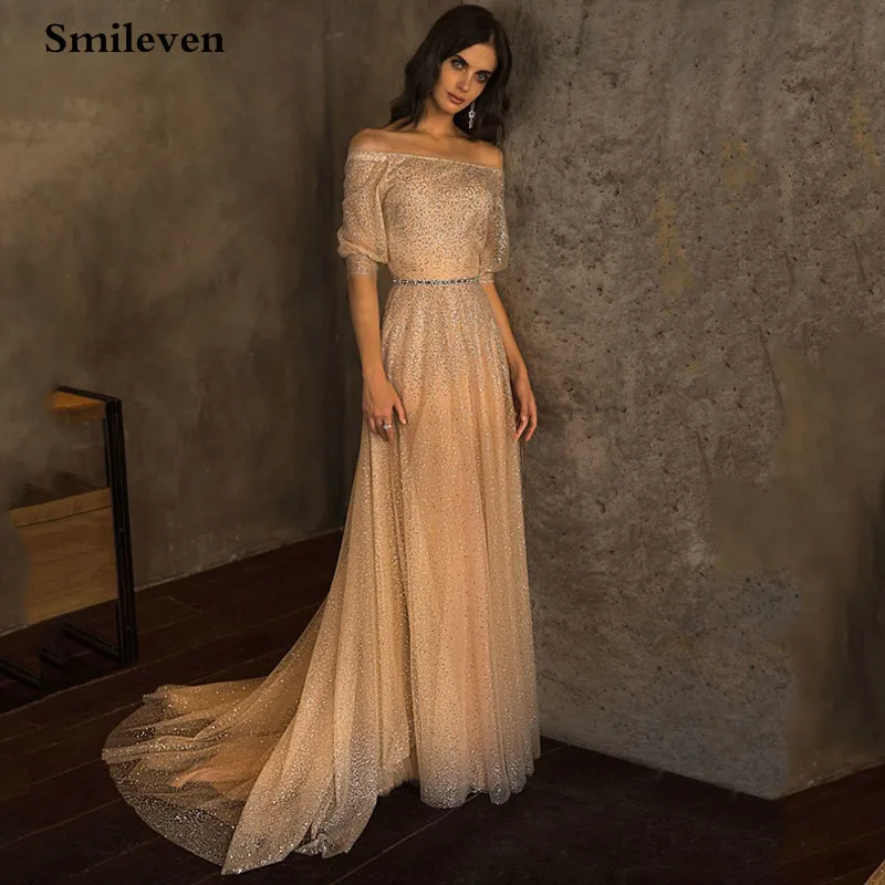 Smileven Sparkle Sexy EINE Linie Abendkleider Lange Pailletten Weg Von Der Schulter Abendkleider Für Party Vestidos Largos Fiesta