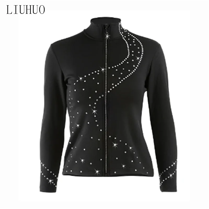 LIUHUO Women's Girls' Ice Skating Figure Tops Jackets Training Black Competition Long Sleeve High Elasticity Kids Rhinestone