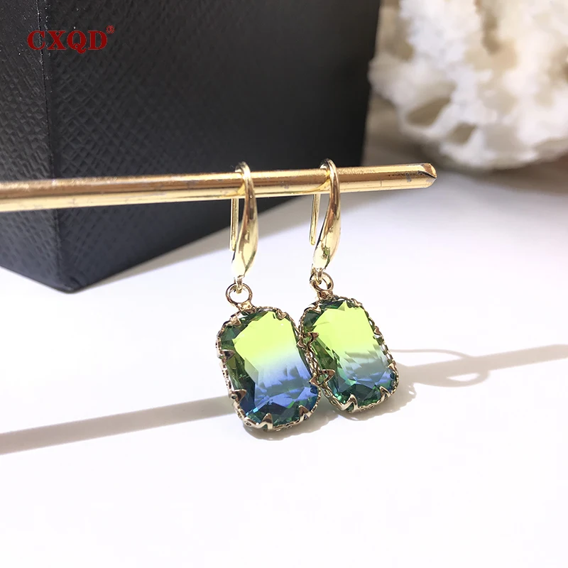 CXQD Fashion Colorful Shiny Transparent Rectangular Dangle Earrings for Women Vintage Crystal Eardrop Statement Wedding Jewelry