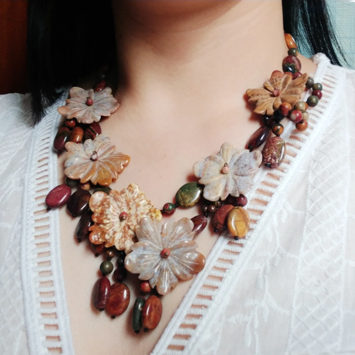 Lii Ji Real Stone Beige Color Statement Necklace Japser Flowers Tigers eye Necklace 53cm Women Party Jewelry