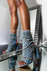 Woman New Blue Denim Chunky Heel Rivets Sandals Sexy Peep Toe Cross Ropes Slingback Gladiator Sandals Boots Lady Party Shoes