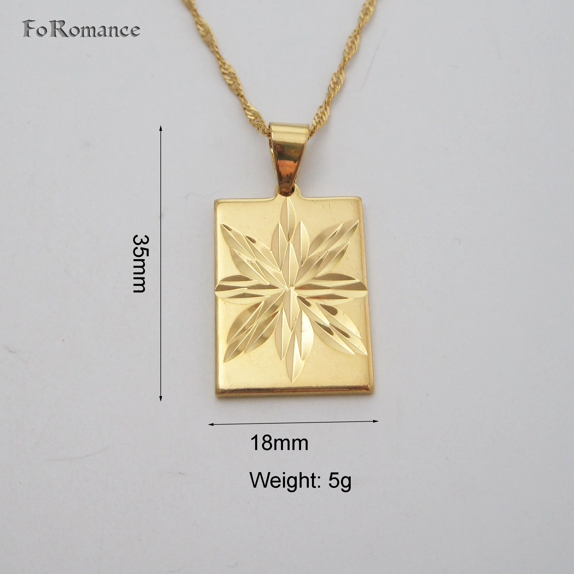 GOLD COLOR 45CM WATER WAVE CHAIN RECTANGLE SHAPED PENDANT SHINING FLOWER SHAPE CARVED PLAIN BACKSIDE WIDTH 18MM 0.71INCH