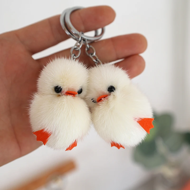 Real Mink Fur Keychain Mini Yellow Duck Doll Mobile Pendant Backpack Bag Charm Toy Cute Cartoon Animal Children Gift