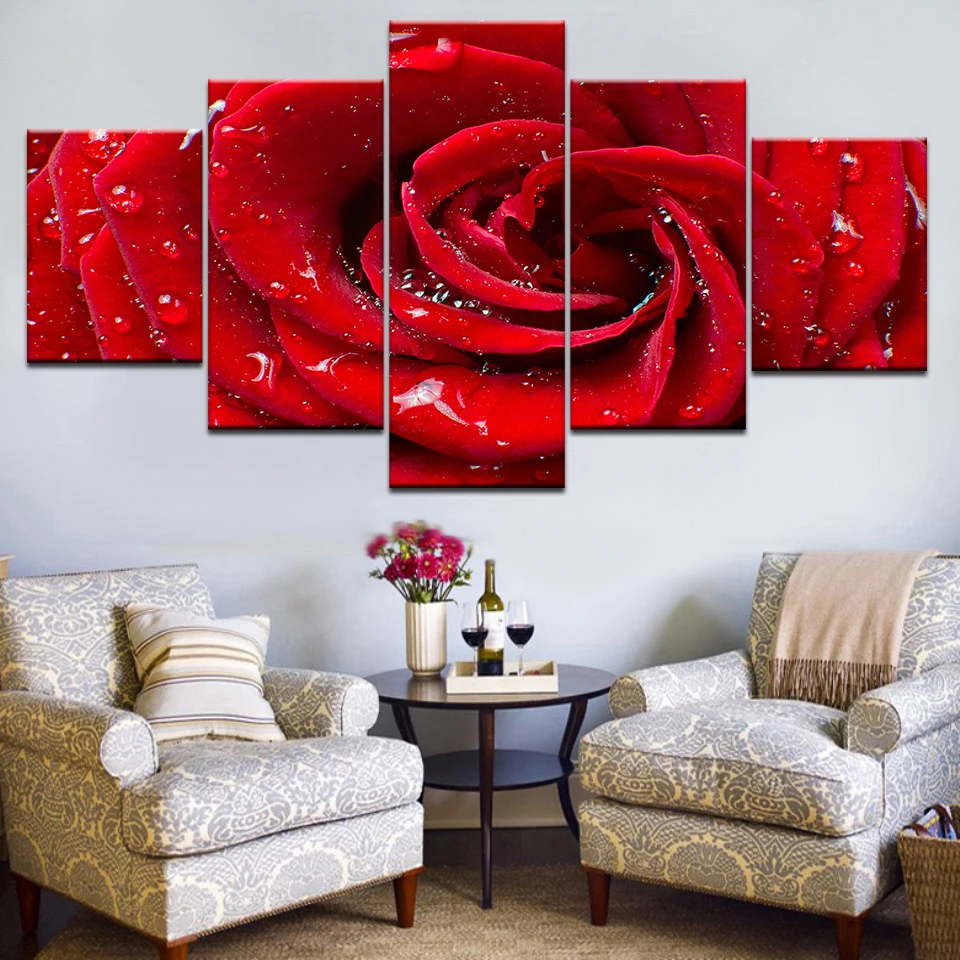 

No Framed Canvas 5Pcs A red Rose Flower Wall Art Posters Pictures Home Decor Paintings Decorations