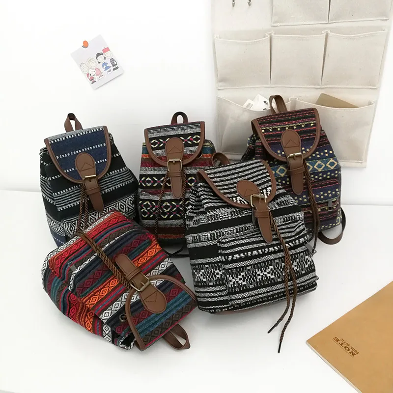 National Style Stripes women backpack vintage Drawstring Female backpacks Canvas Gym Bag Travel Daypack Student School bags