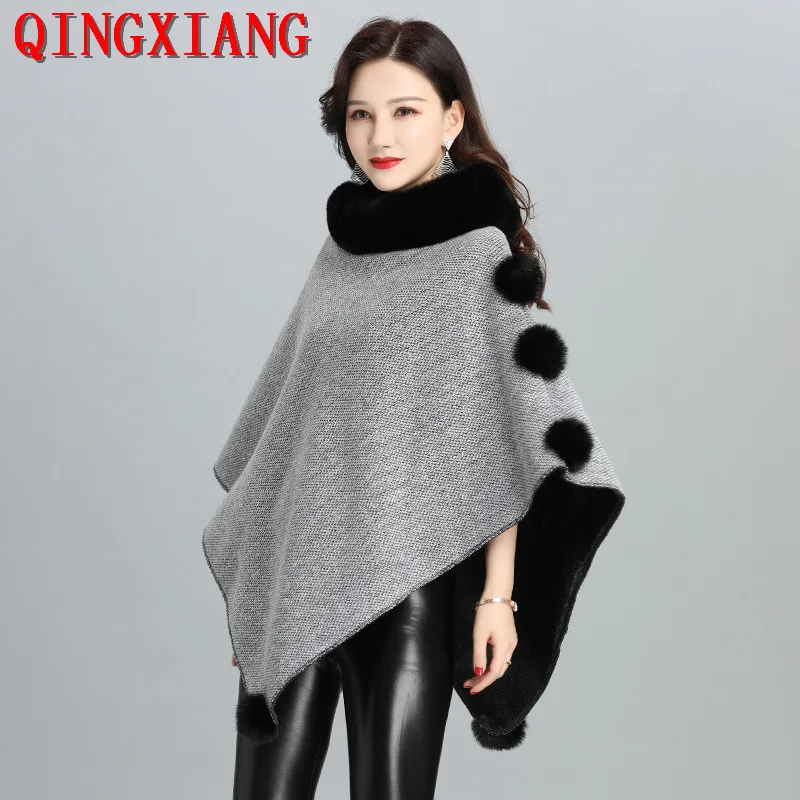 Velvet Lining Warm Ball Pullover Winter Faux Rabbit Fur O Neck Out Street Wear Women Capes Solid Triangle Loose Poncho Coat