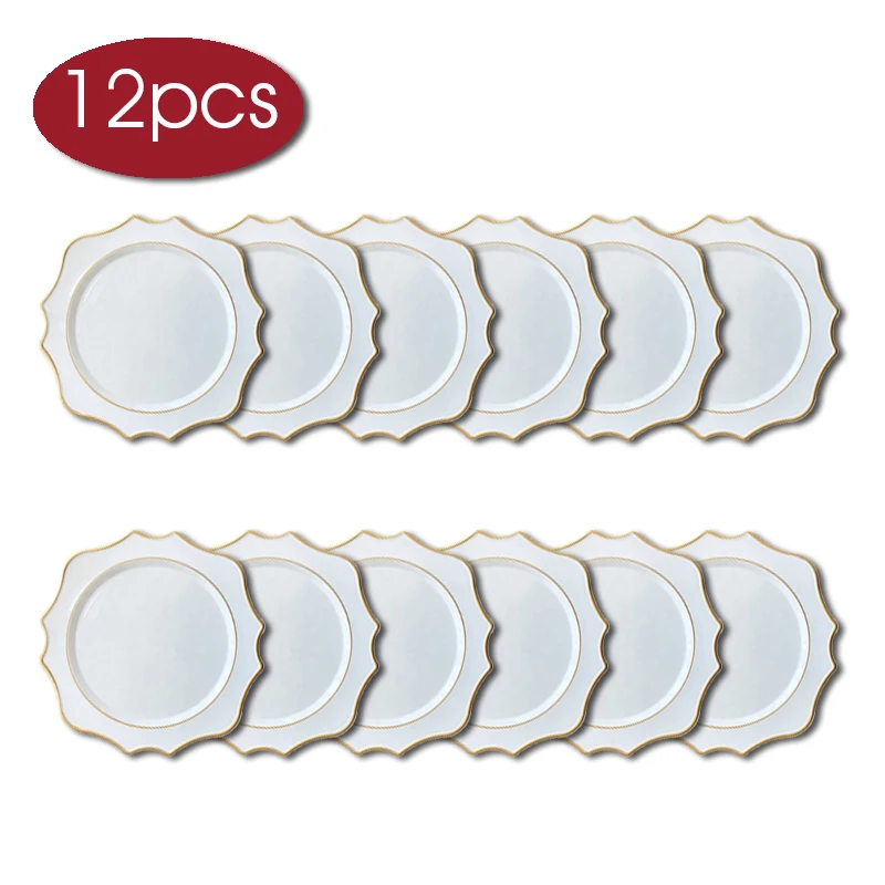 12pcs Table Setting White Charger Plates Sets Plastic Gold Rim New Wedding Party Restaurant Elegent Decoration For Dinner Event