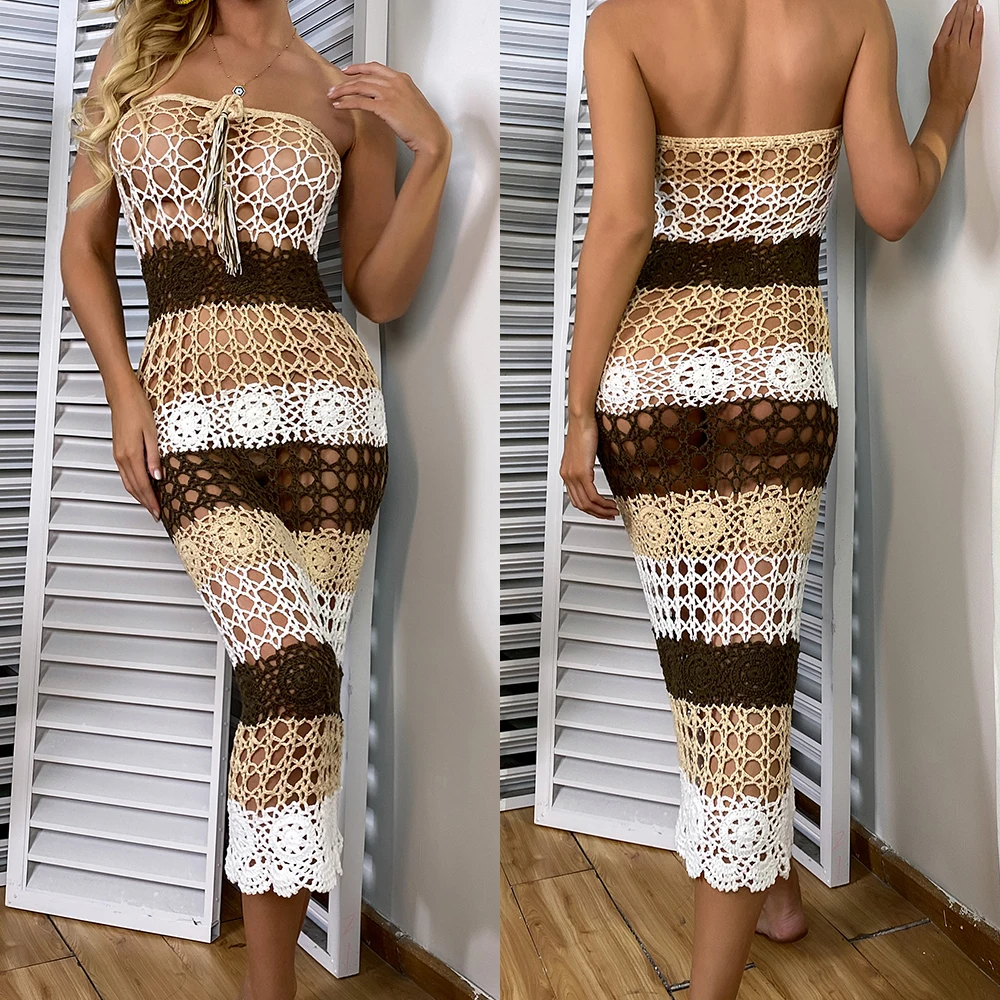 Robe de plage maxi en dentelle pour femmes, tenue décontractée bohème, cover-up pour maillot de bain, vêtements de plage, été