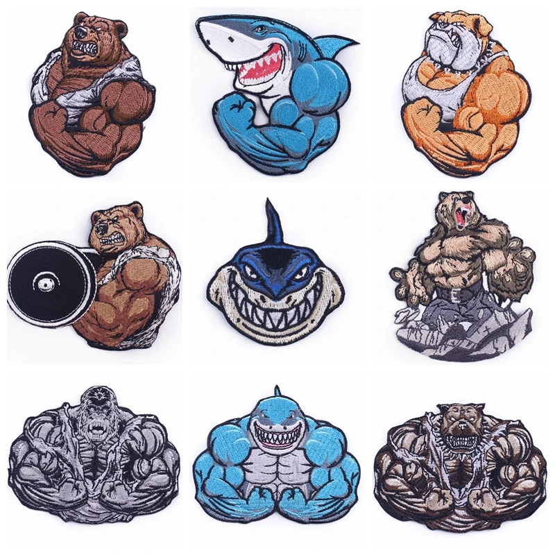 Muscle Orangutan/Bear/Shark/Horse Patch Stripe Animal Embroidered Patches for Clothing Sports Fitness Animal Patch Badges