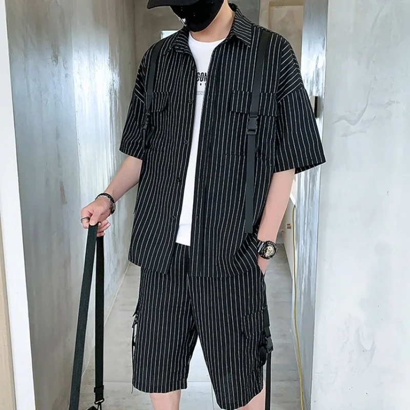 

Tracksuit Summer Mens Casual Wear Sets Lace Up Cargo Short Loose Fit Striped Shirts Cardigan Fashion Male Matching Set Outfit