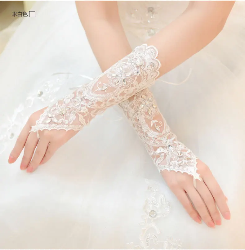 Comprimento médio luvas de casamento feminino sem dedos luvas de noiva elegante strass branco rendas luvas para acessórios de casamento nupcial