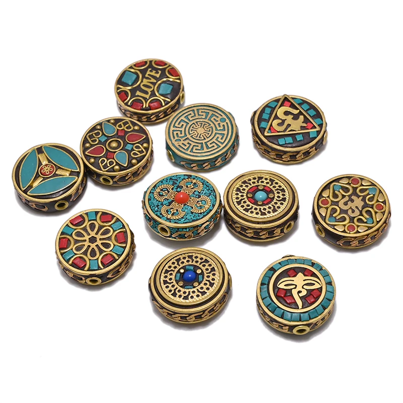 TZ-H Handmade Nepalese Buddhist Tibetan Brass Metal & Clay Loose Craft Beads for Necklace Jewelry Making DIY Flat Round