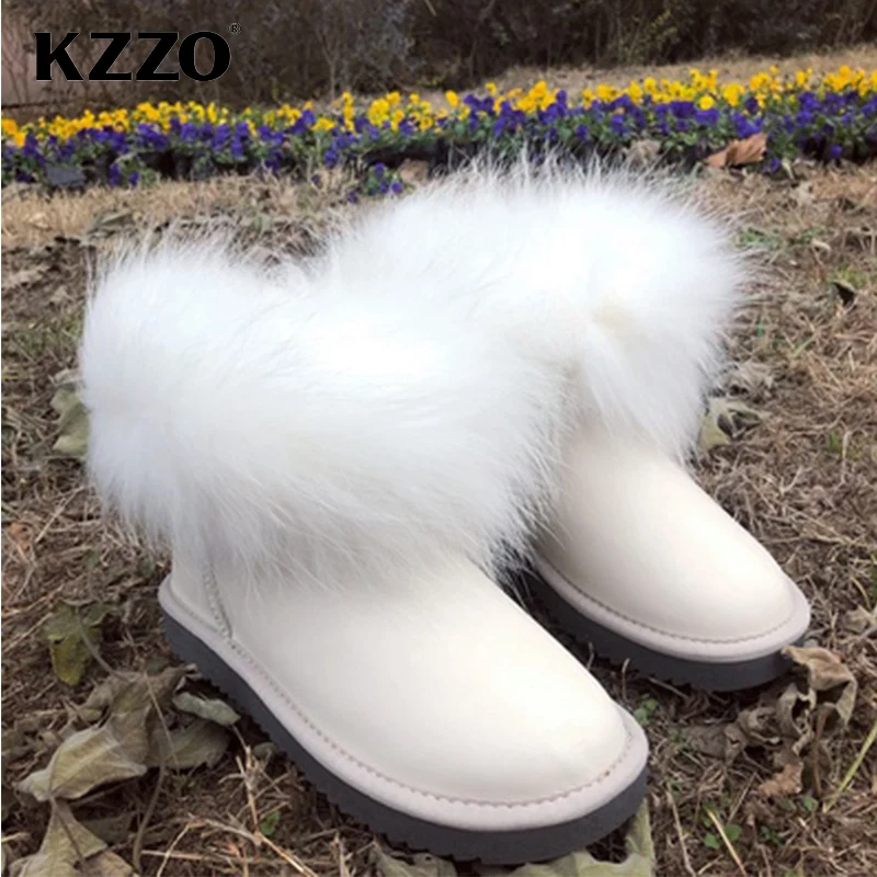 KZZO Fashion Style Natural Real Fox Fur Women Snow Boots Genuine Leather Wool Lined Ankle Winter Warm Shoes Waterproof White