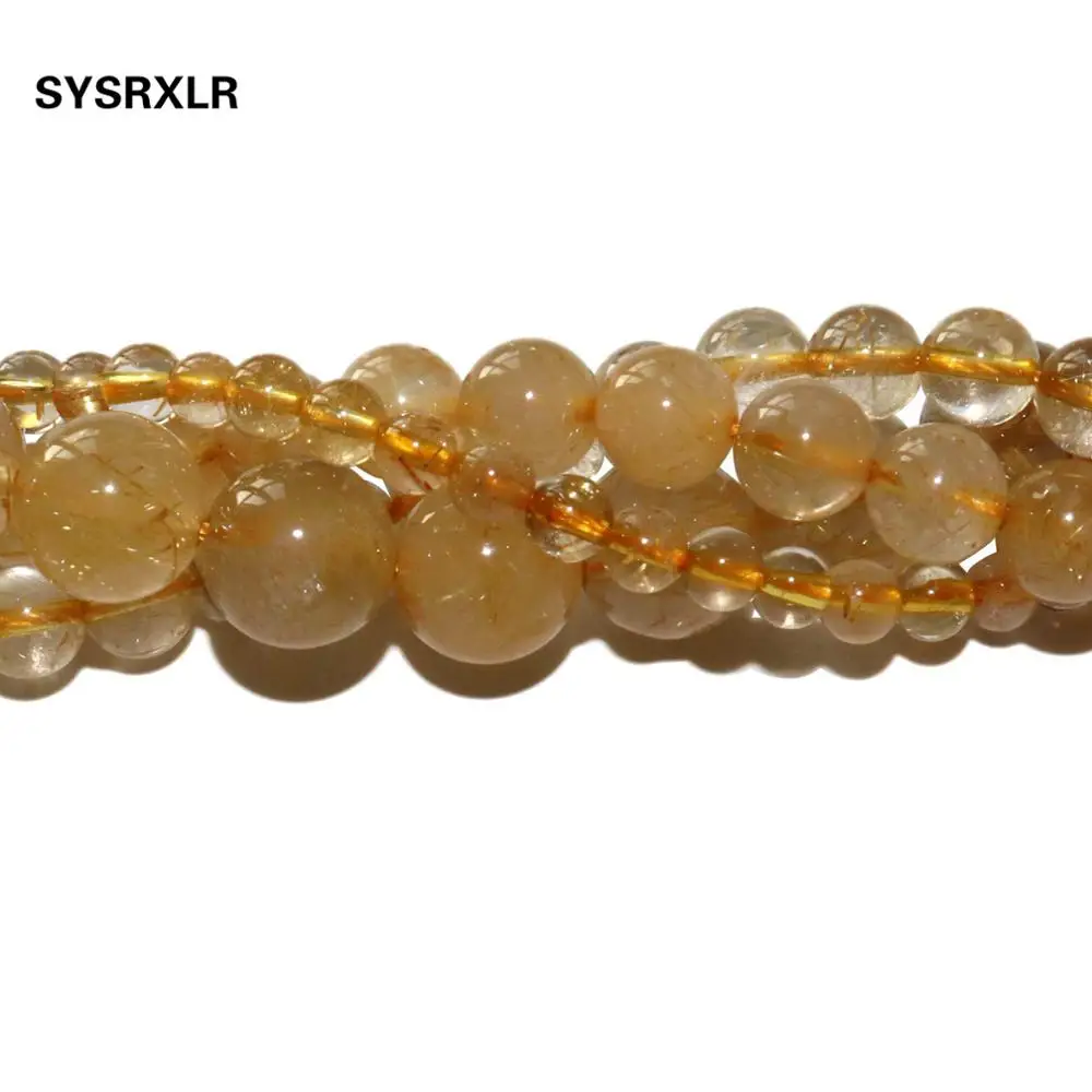 Natural Yellow Rutilated Quartz Citrines Stone Round Loose Spacer Beads For Jewelry Making DIY Bracelets Necklace 4/6/8/10/12mm