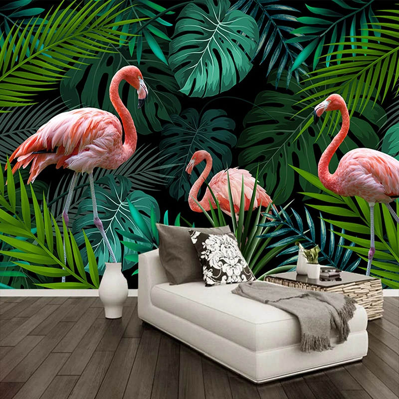 

Custom Photo Wall Paper Tropical Rain Forest Banana Leaf Flamingo Painting Green Mural Wallpaper Home Decoration For Living Room