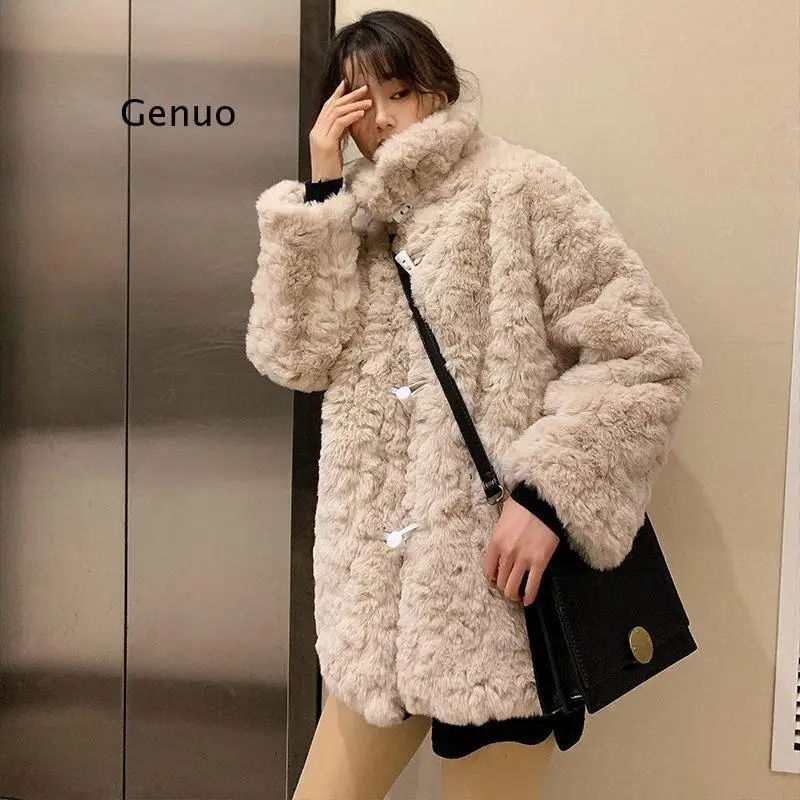 Harajuku Winter Jacket New Lamb Velvet Faux Fur Coat Women's Mid-length Horn Buckle Imitation Rex Rabbit Fur Overcoat y205