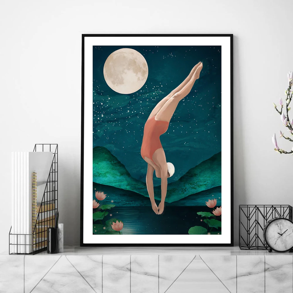 

Bedroom Wall Art Decor Abstract Posters And Prints Girl Diving Canvas Painting Round Moon Picture Nordic Home Decor No Frame