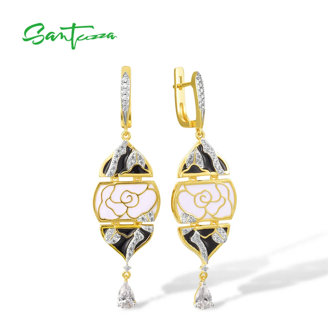 

SANTUZZA 925 Sterling Silver Dangling Earrings For Women Oriental Peony Flower White/Black Enamel Chic Fine Jewelry Handmade