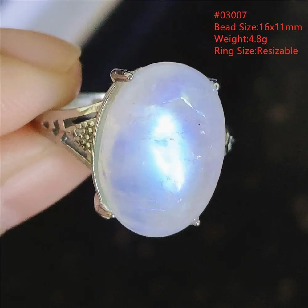 Luz Azul Natural Moonstone Anel Oval Ajustável Todas as Mulheres Tamanho 925 Prata Transparente Azul Moonstone Oval Bead Anel AAAAAA