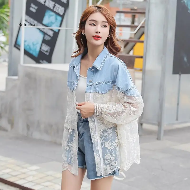 2021 New Summer Fashion Stitching Lace Embroidery Large Size Denim Jacket Women's Coat Loose Perspective Tops Denim Coat