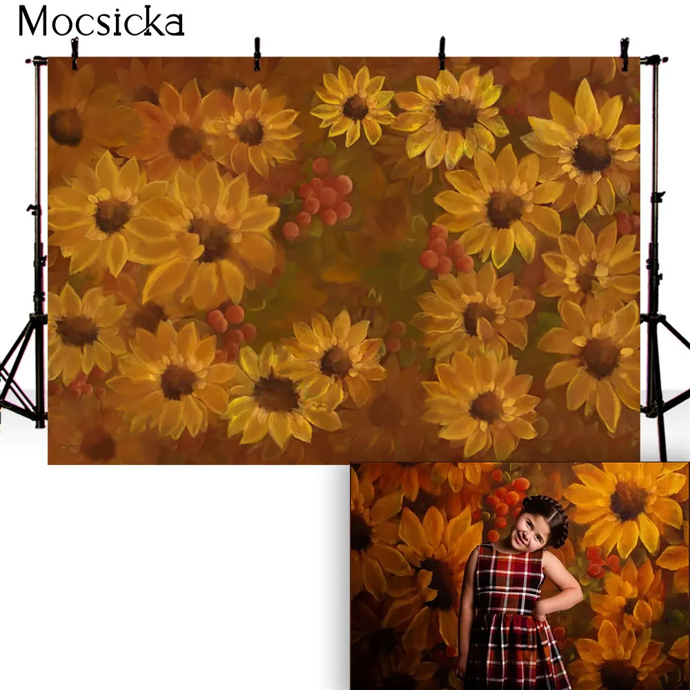 Sunflower newborn baby photography backdrop oil painting hand printed kids birthday art photo booth background photocall