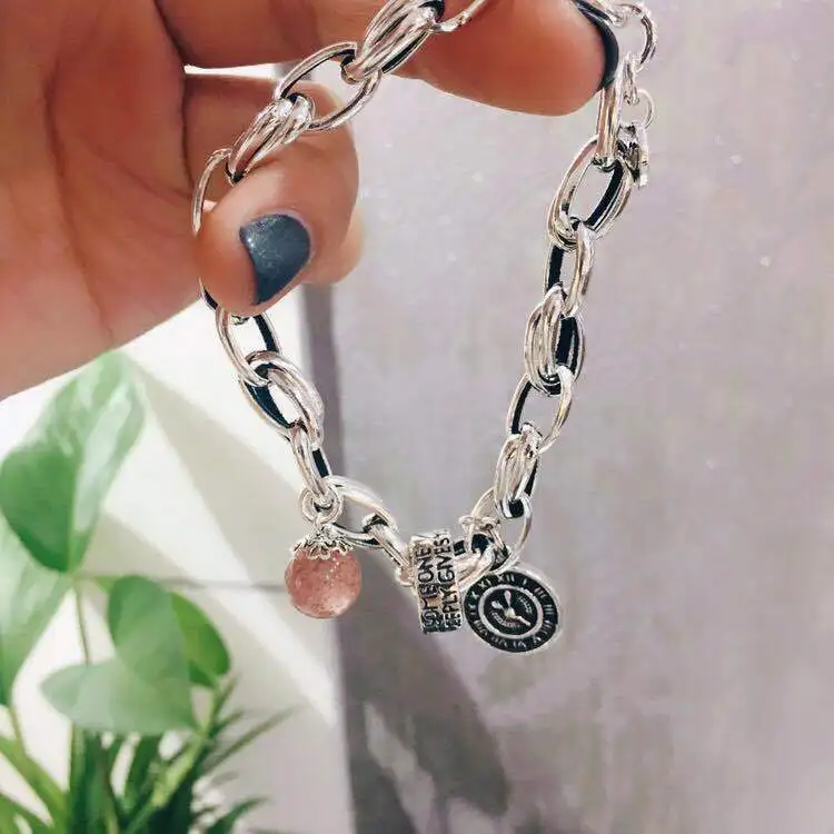 Silver Bracelet for Women  Retro Strawberry Crystal Clock Fashion Casual Bracelet Jewelry Wholesale