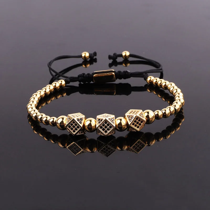 New Design Luxury Crown Jewelry Gold Plated CZ Pave Charm Beaded Macrame Bracelet Set Male