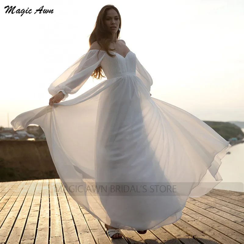 Magic Awn Beach abiti da sposa premaman con spalle scoperte maniche lunghe a sbuffo abiti da sposa in gravidanza Boho in Chiffon semplice abiti