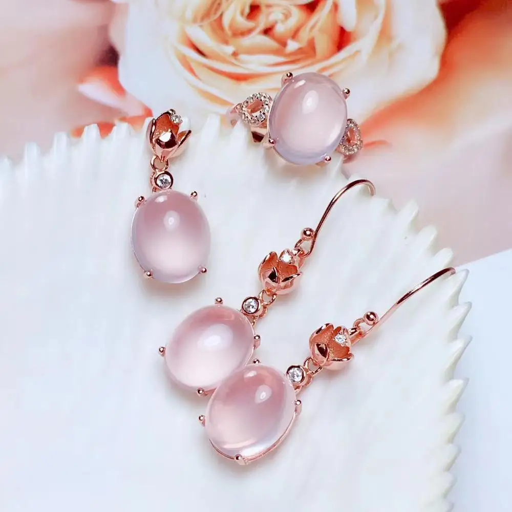 fashion pink Rose Quartz gemstone ring hook earrings necklace silver jewelry set natural gem smooth surface girl birthday gift