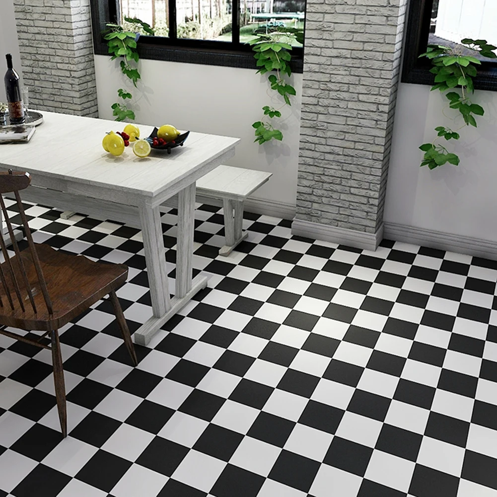 Modern Thick Self Adhesive Tiles Floor Stickers Checkered Pattern Bathroom Ground Wallpapers Black and White PVC Bedroom Decor